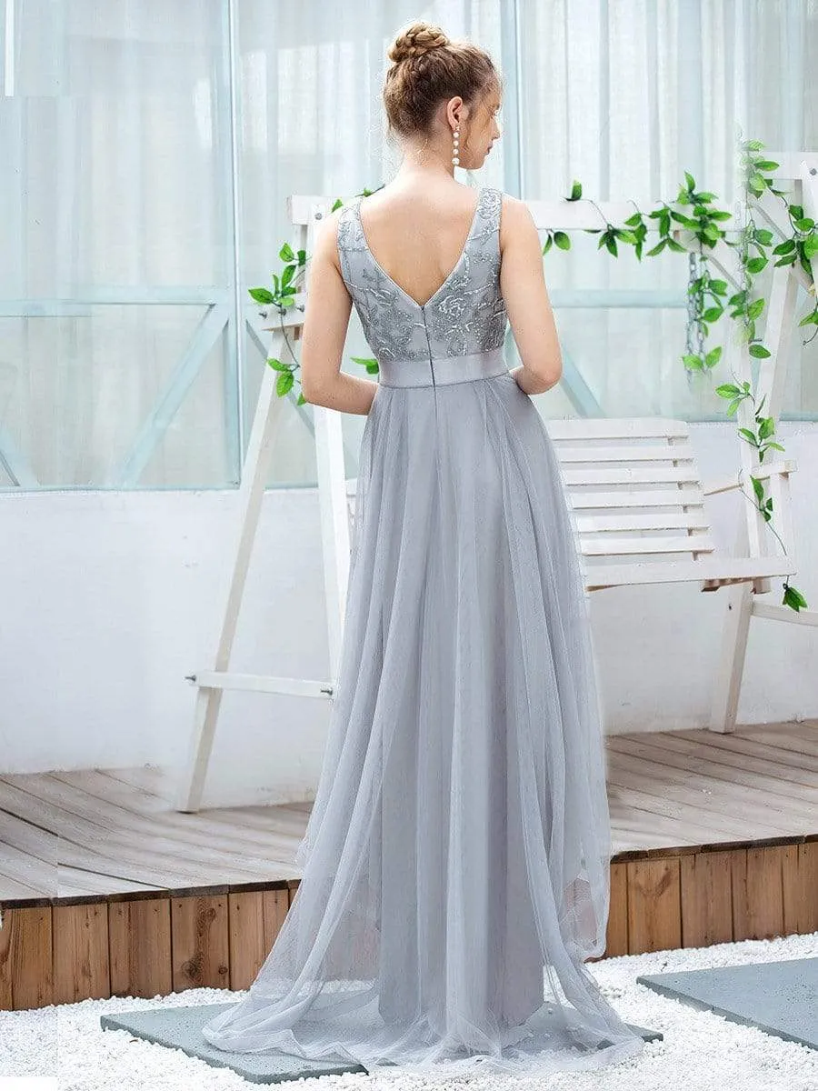 Fashion High-Low Deep V Neck Tulle Prom Dresses with Sequin Appliques