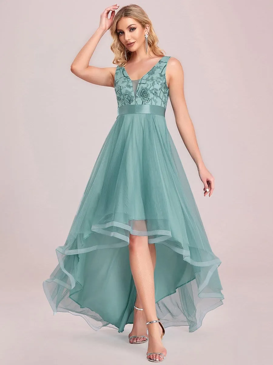 Fashion High-Low Deep V Neck Tulle Prom Dresses with Sequin Appliques