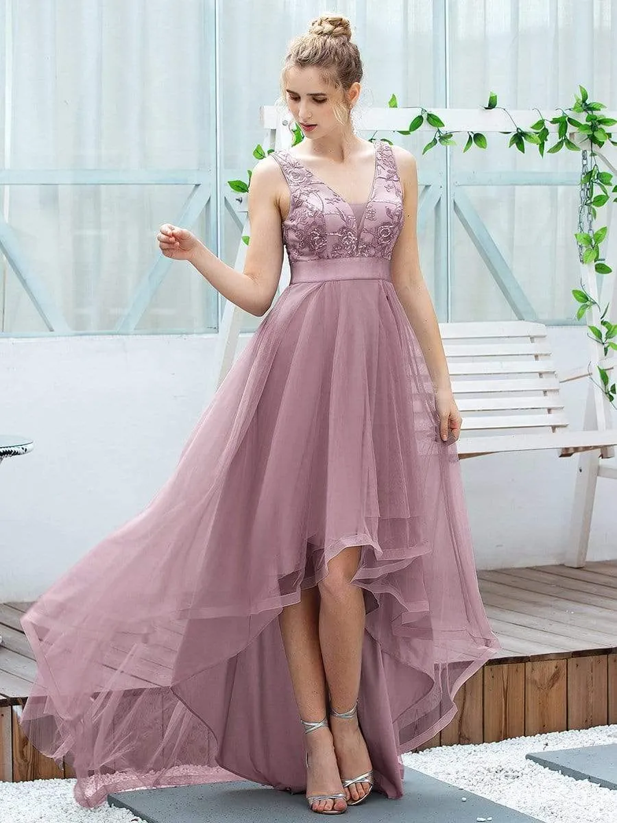 Fashion High-Low Deep V Neck Tulle Prom Dresses with Sequin Appliques