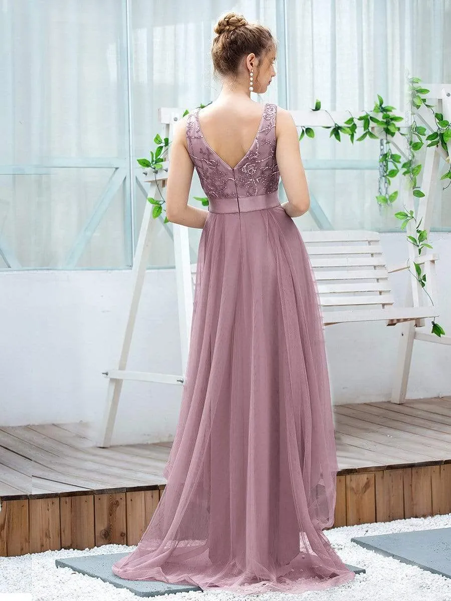 Fashion High-Low Deep V Neck Tulle Prom Dresses with Sequin Appliques