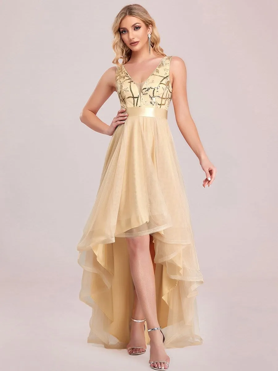 Fashion High-Low Deep V Neck Tulle Prom Dresses with Sequin Appliques