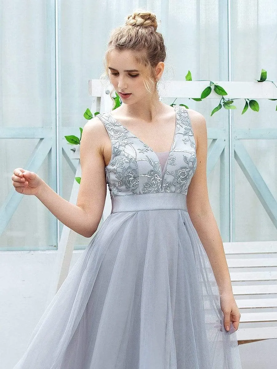 Fashion High-Low Deep V Neck Tulle Prom Dresses with Sequin Appliques