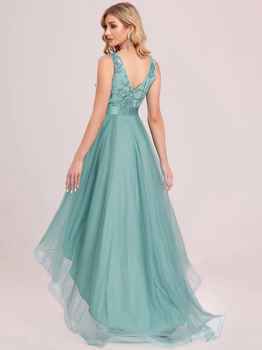 Fashion High-Low Deep V Neck Tulle Prom Dresses with Sequin Appliques