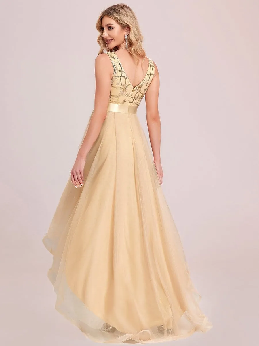 Fashion High-Low Deep V Neck Tulle Prom Dresses with Sequin Appliques