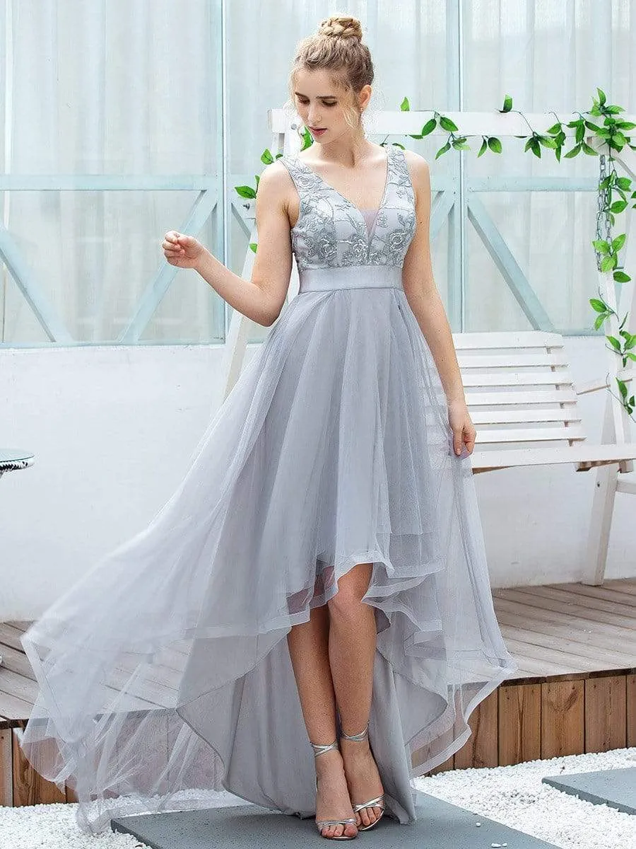 Fashion High-Low Deep V Neck Tulle Prom Dresses with Sequin Appliques