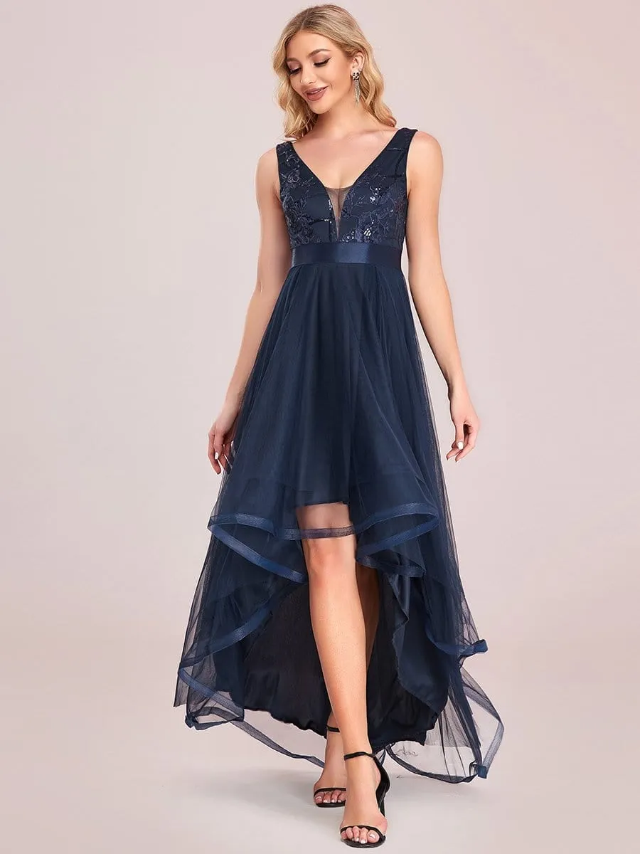 Fashion High-Low Deep V Neck Tulle Prom Dresses with Sequin Appliques