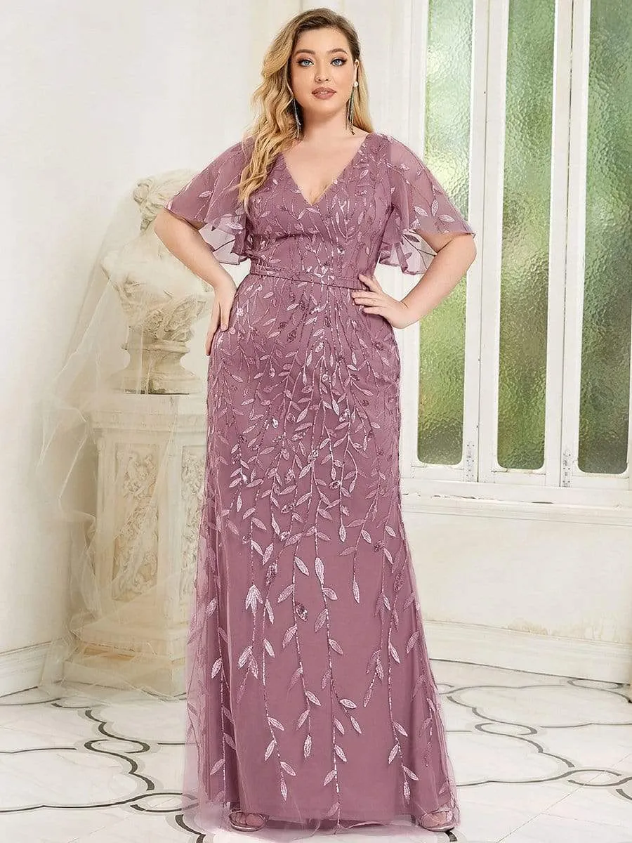 Fashion Plus Size V Neck Mermaid Sequin & Tulle Evening Dress