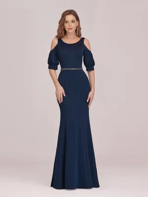 Fashion Round Neck Fishtail Maxi Evening Dress with Cold Shoulder