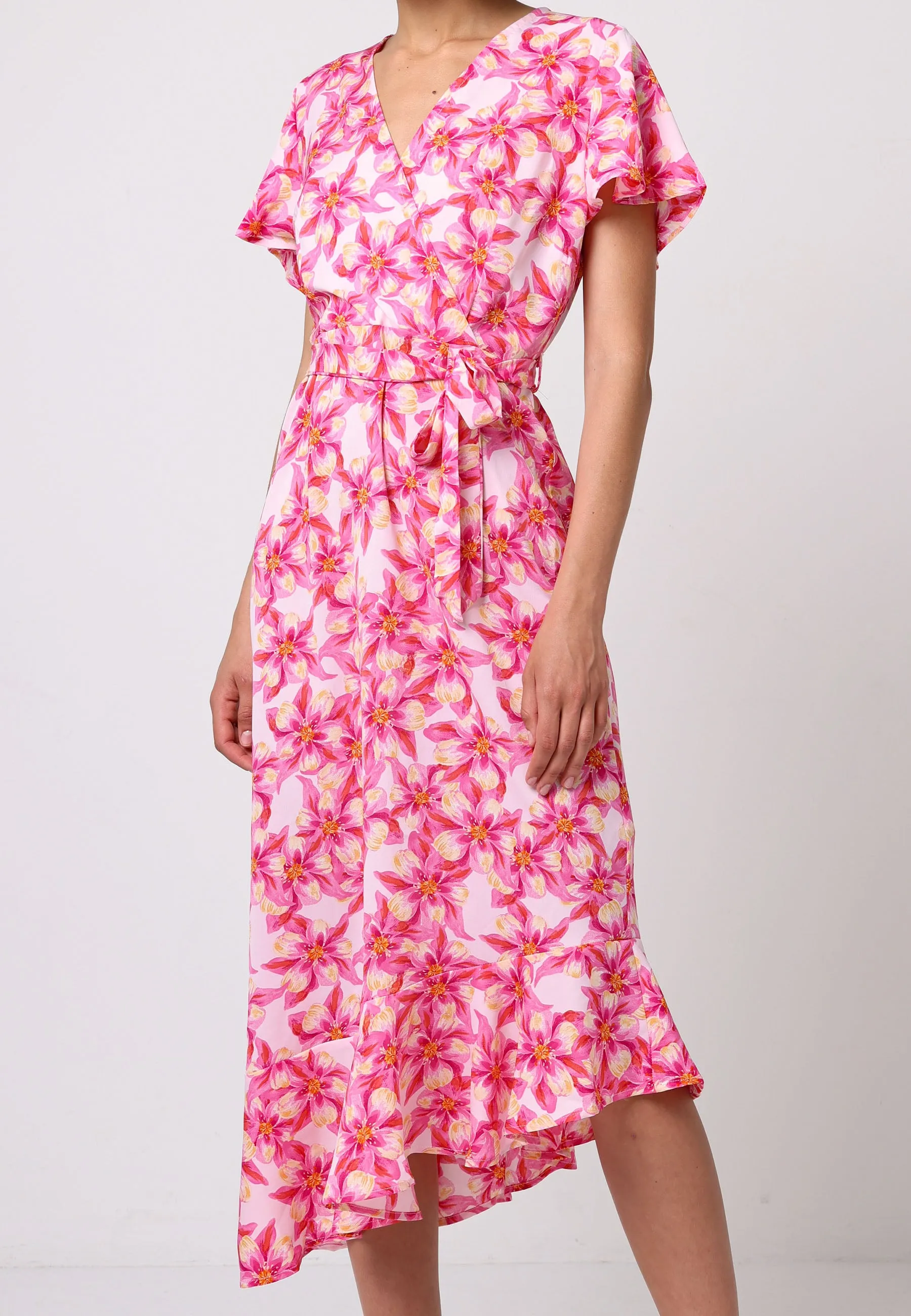 Faux Wrap Ruffled Bias Hem Midi Dress In Pink Floral Print