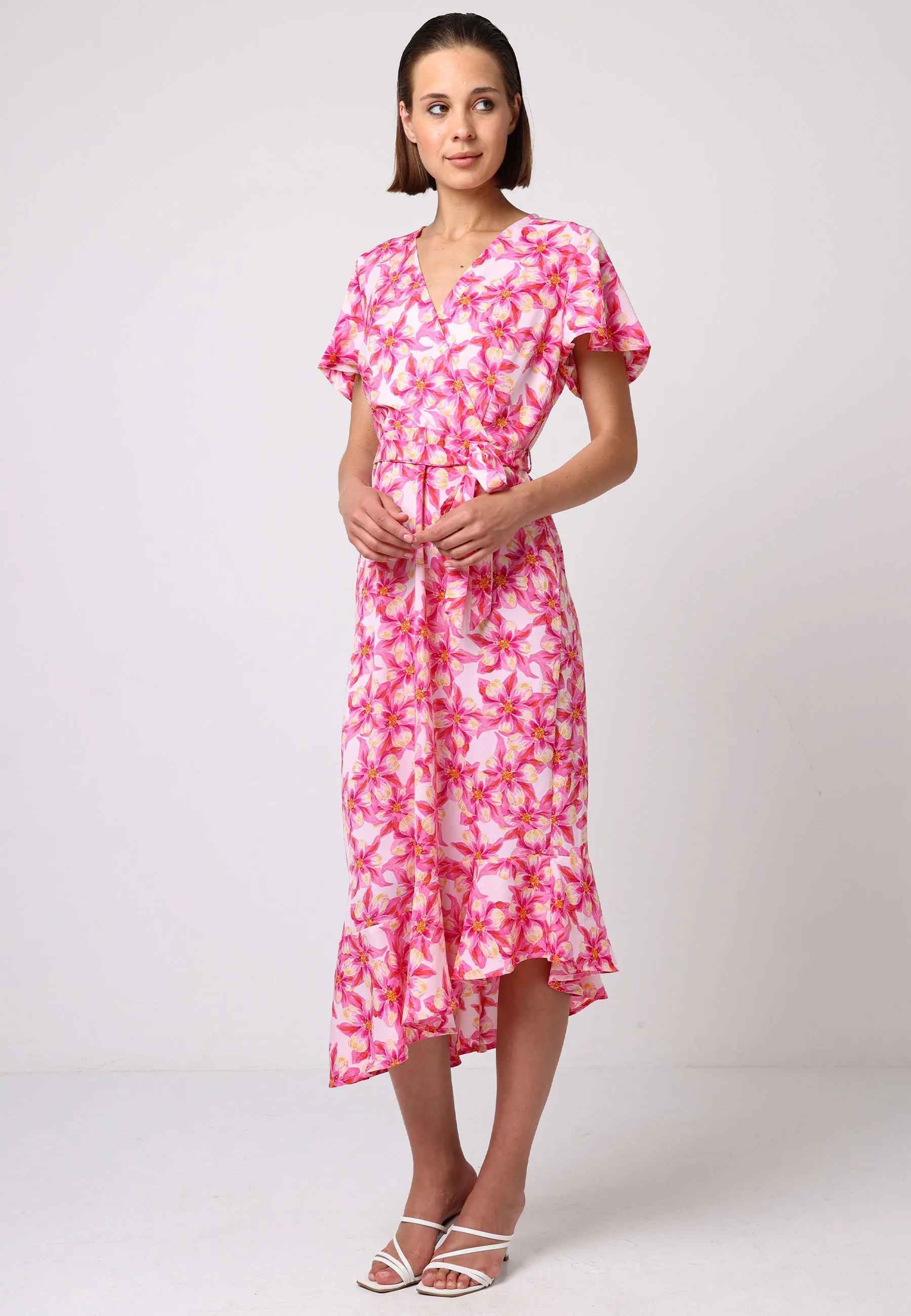 Faux Wrap Ruffled Bias Hem Midi Dress In Pink Floral Print