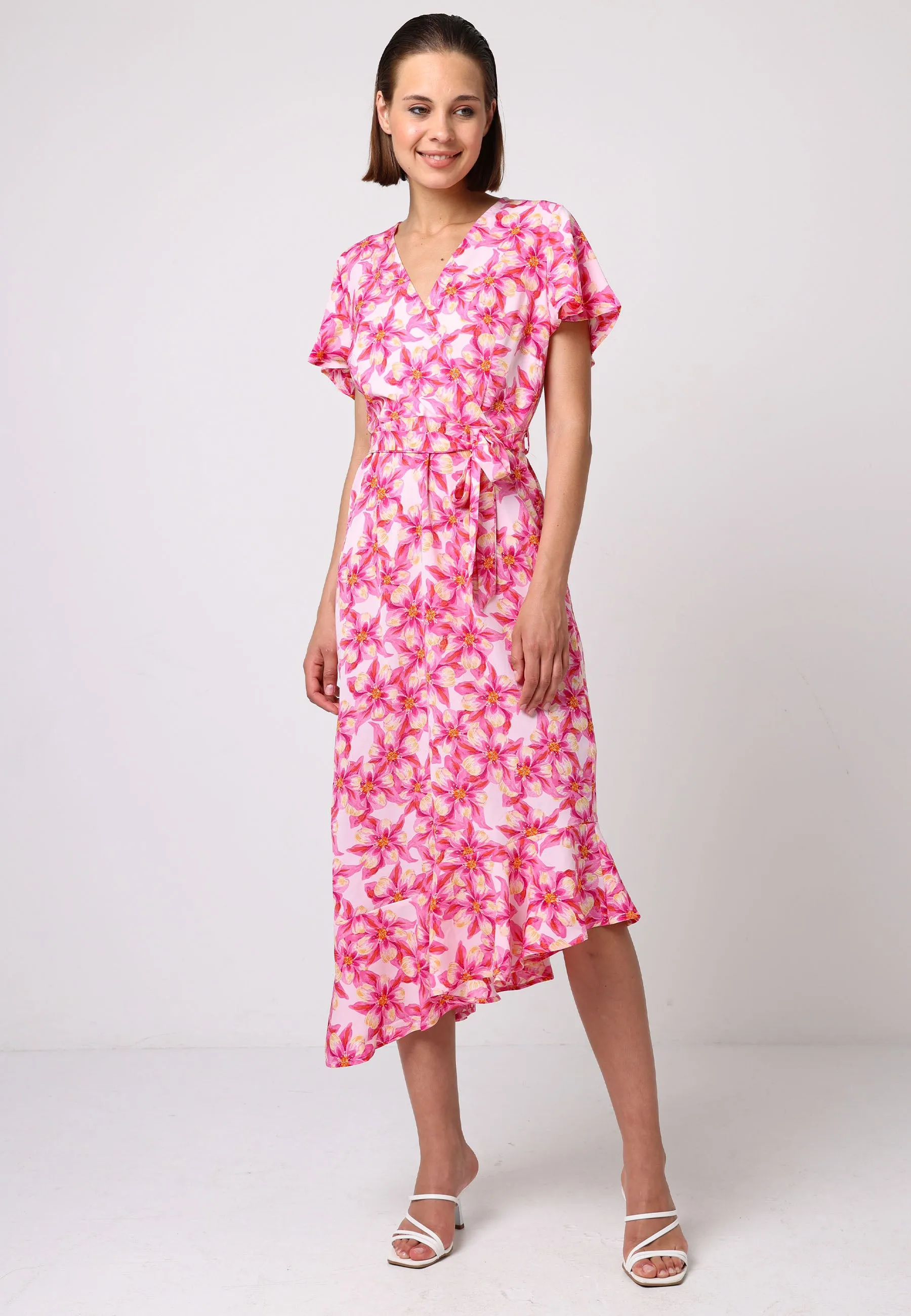 Faux Wrap Ruffled Bias Hem Midi Dress In Pink Floral Print