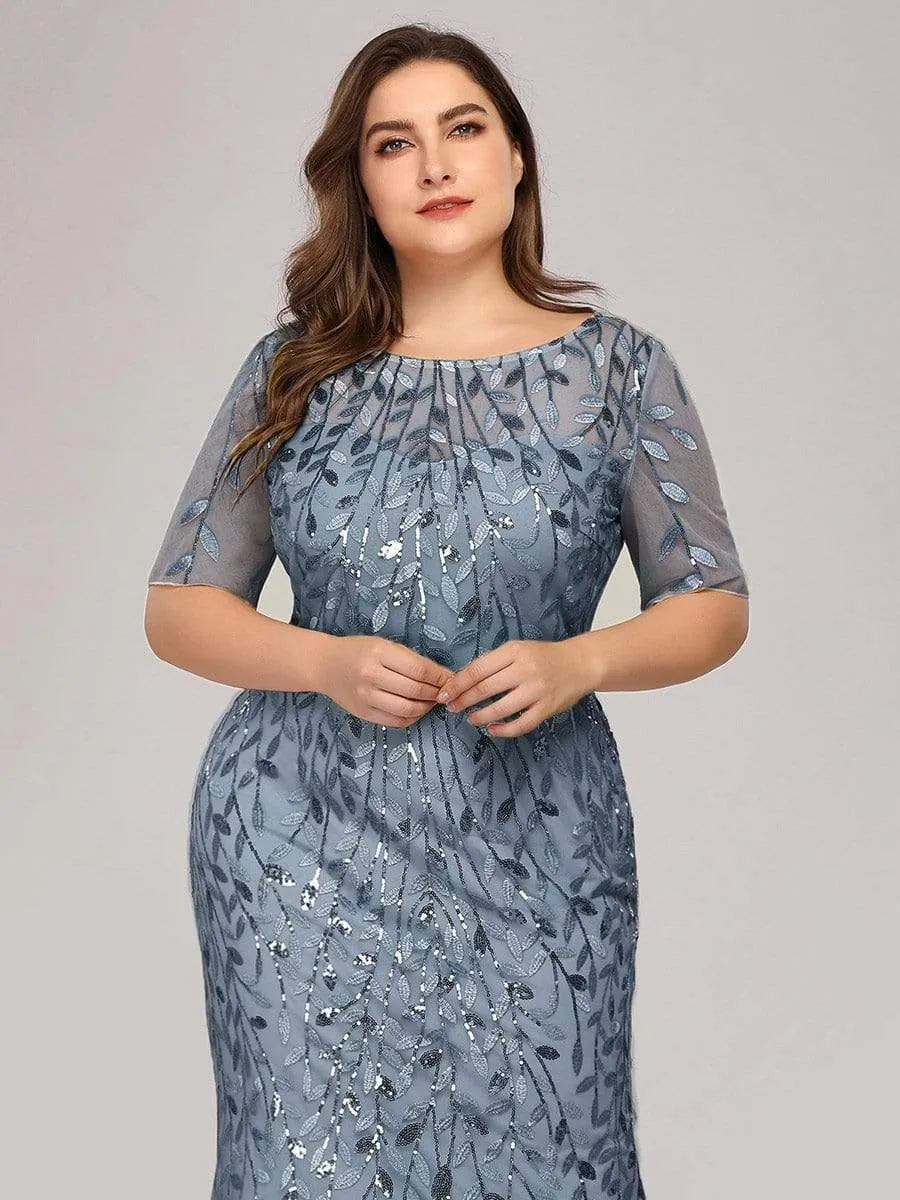 Floral Sequin Print Plus Size Mermaid Tulle Evening Dress