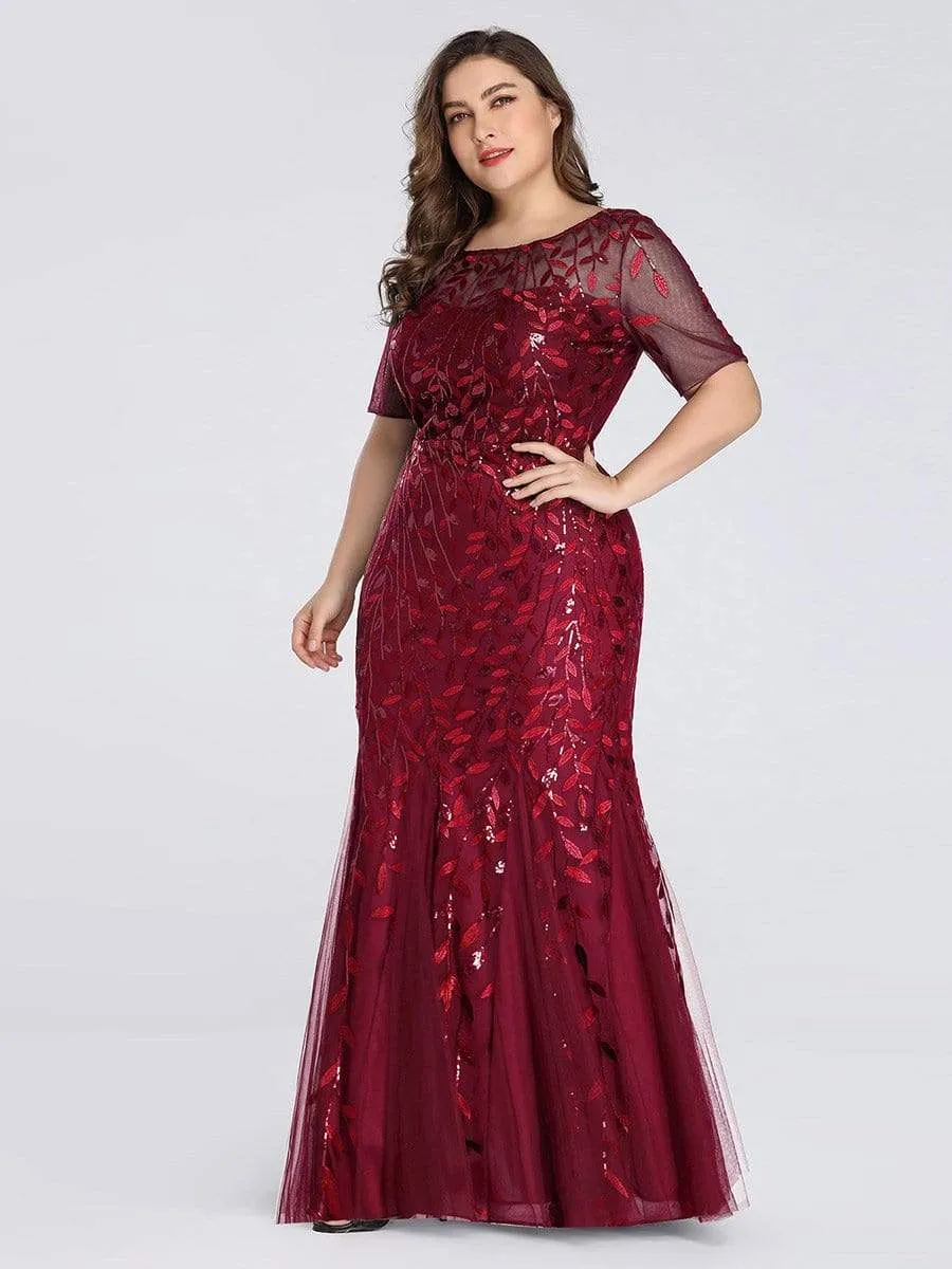 Floral Sequin Print Plus Size Mermaid Tulle Evening Dress