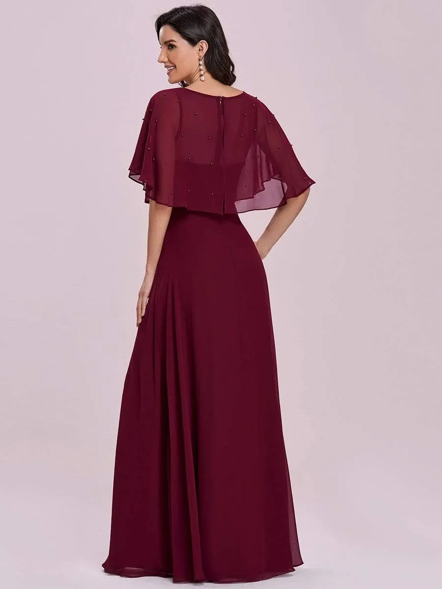 Flutter Sleeve Bead Embellished Sheer Top Floor Length Evening Dress