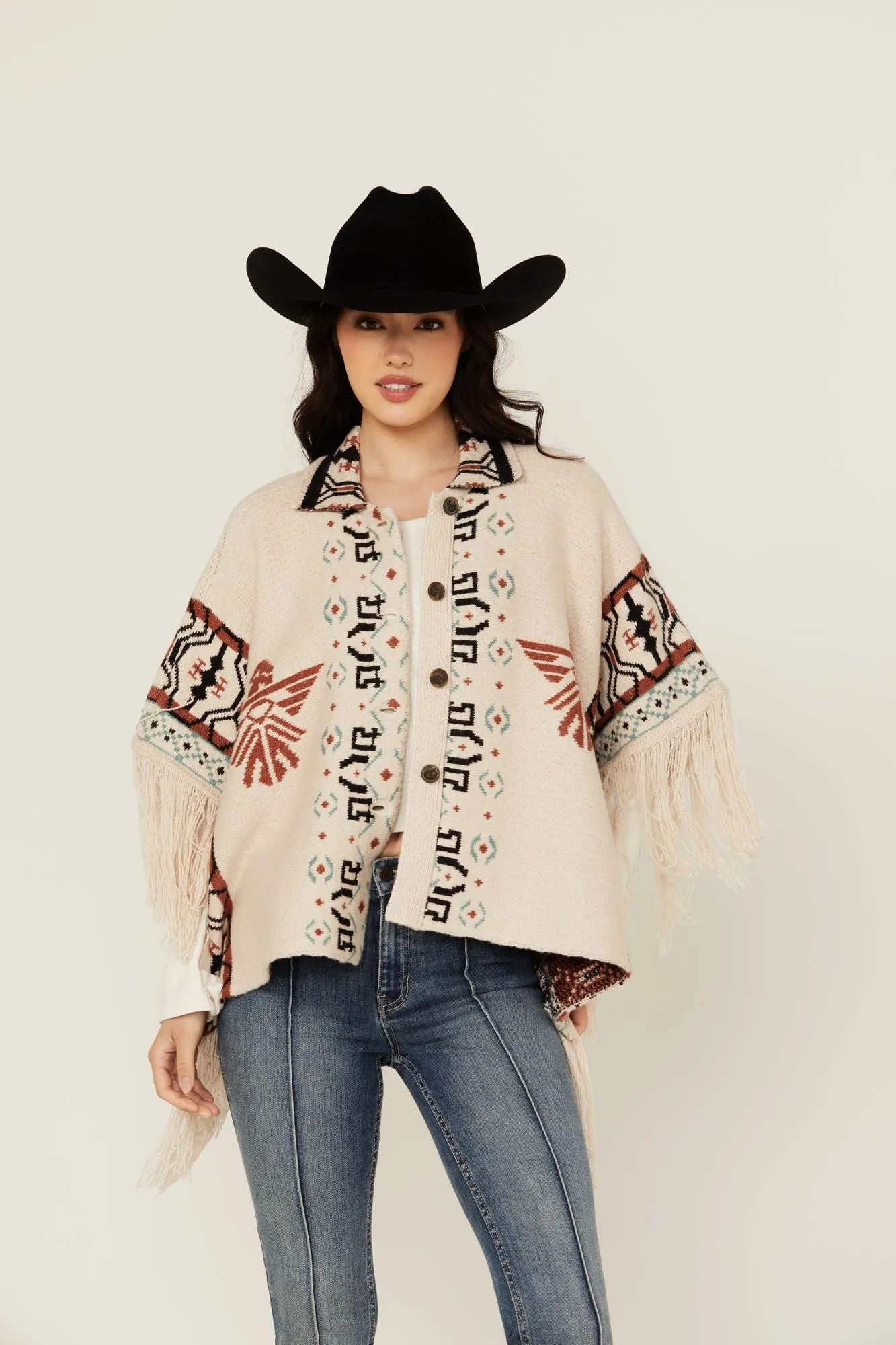 Flyaway Southwestern Print Fringe Button-Down Poncho