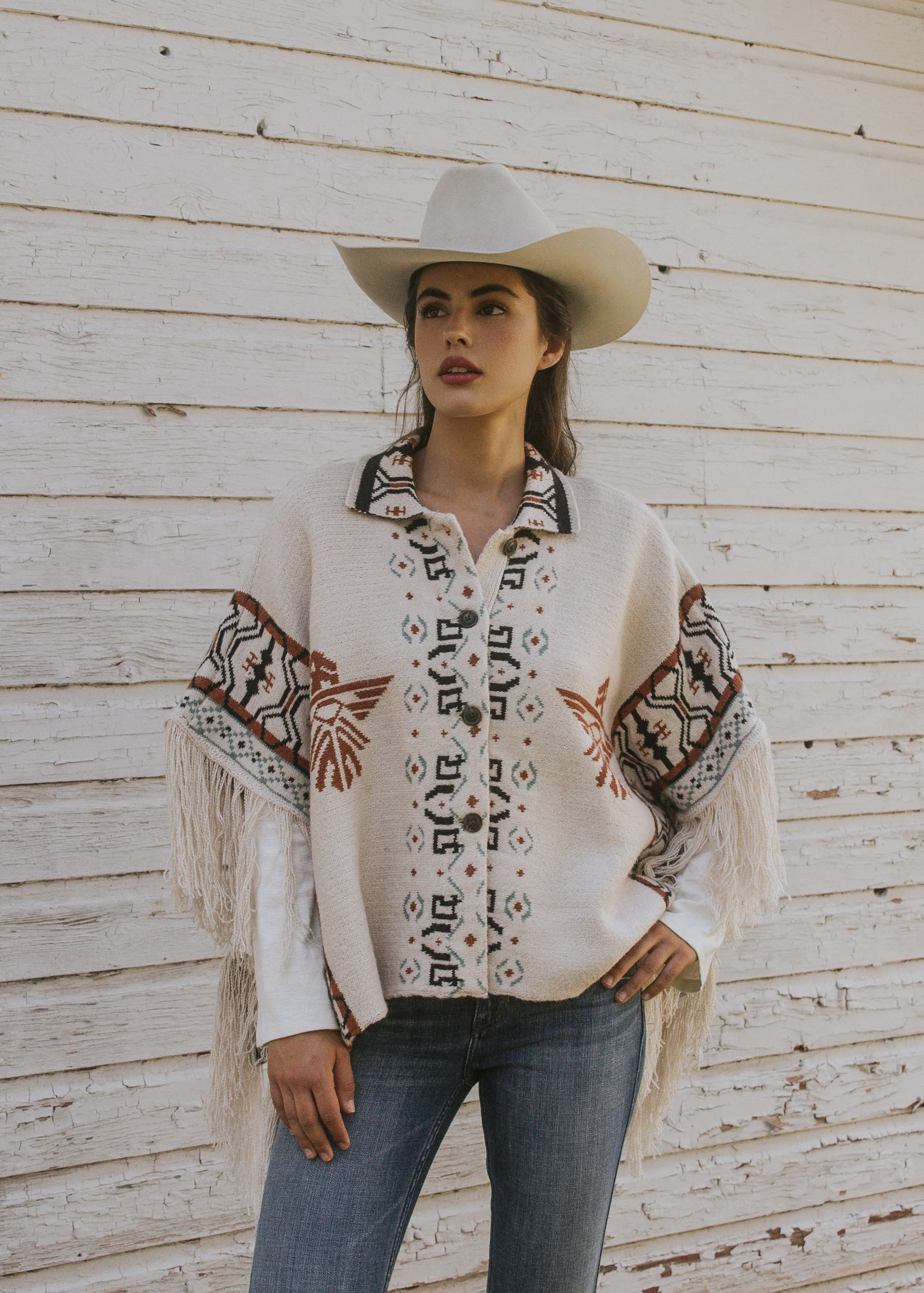 Flyaway Southwestern Print Fringe Button-Down Poncho