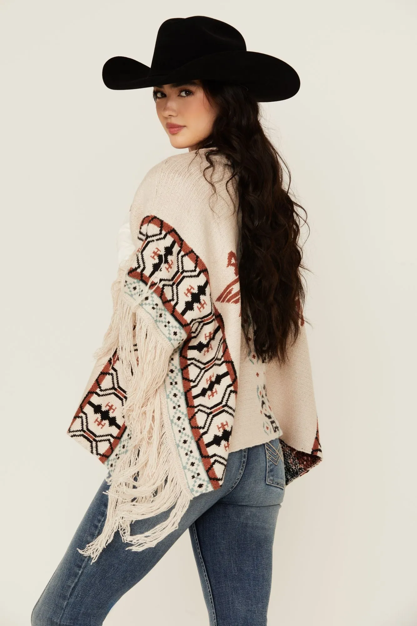 Flyaway Southwestern Print Fringe Button-Down Poncho