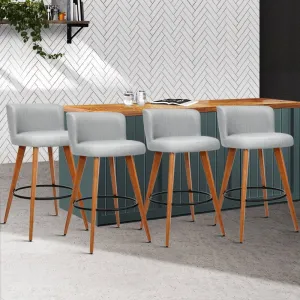 Four Bar Stools Linen Padded Wooden Grey