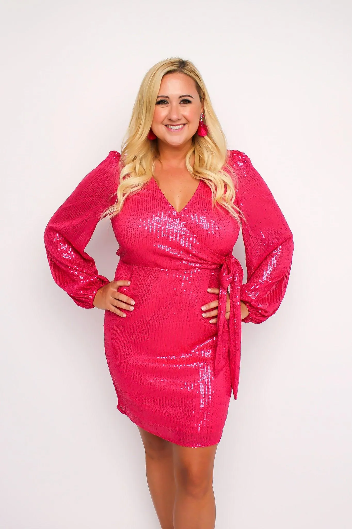 Fuchsia Sequin Faux Wrap Dress