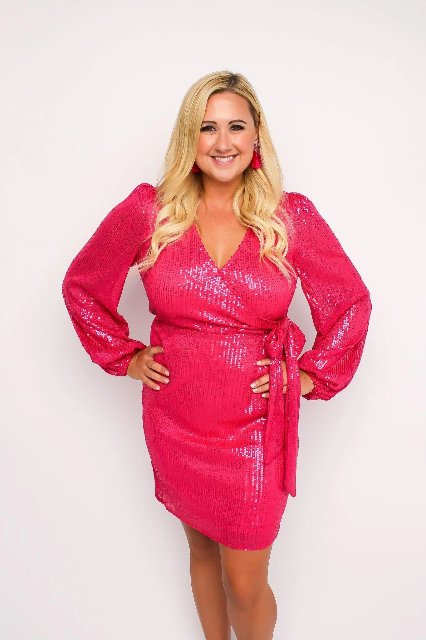 Fuchsia Sequin Faux Wrap Dress