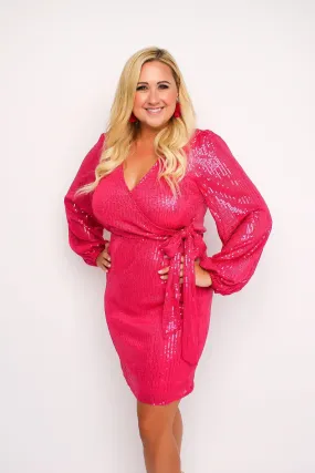 Fuchsia Sequin Faux Wrap Dress