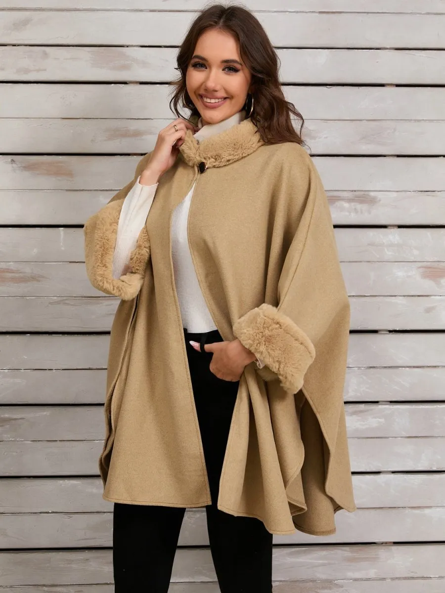 Fuzzy Trim Long Sleeve Poncho