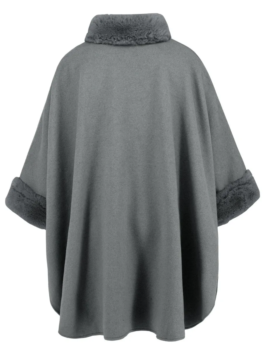 Fuzzy Trim Long Sleeve Poncho