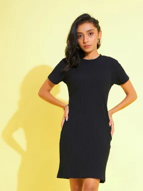 Girls Black Rib Round Neck Bodycon Dress