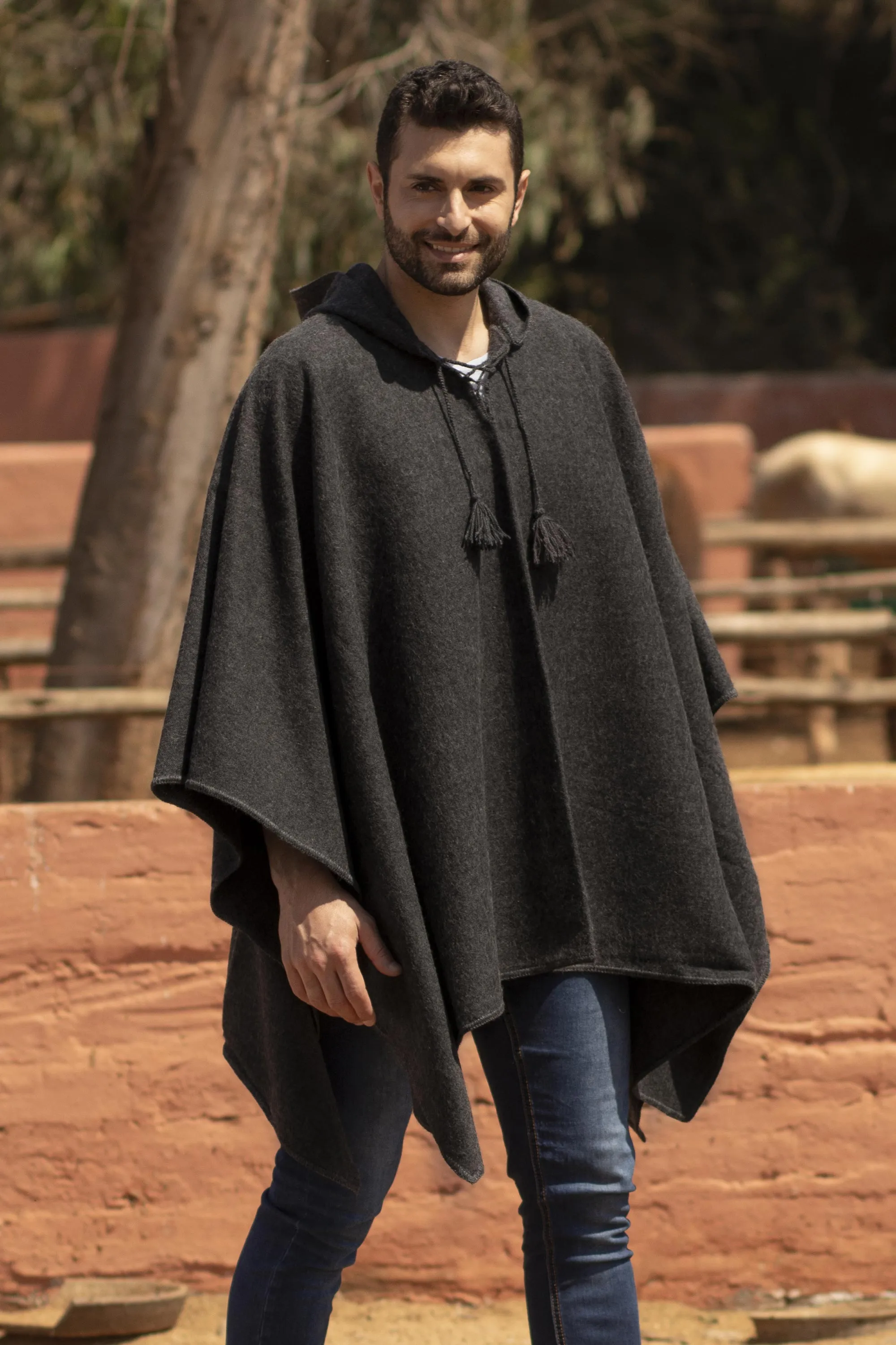 Graphite Grey Alpaca Blend Hooded Poncho for Men - Highlands Grey | NOVICA