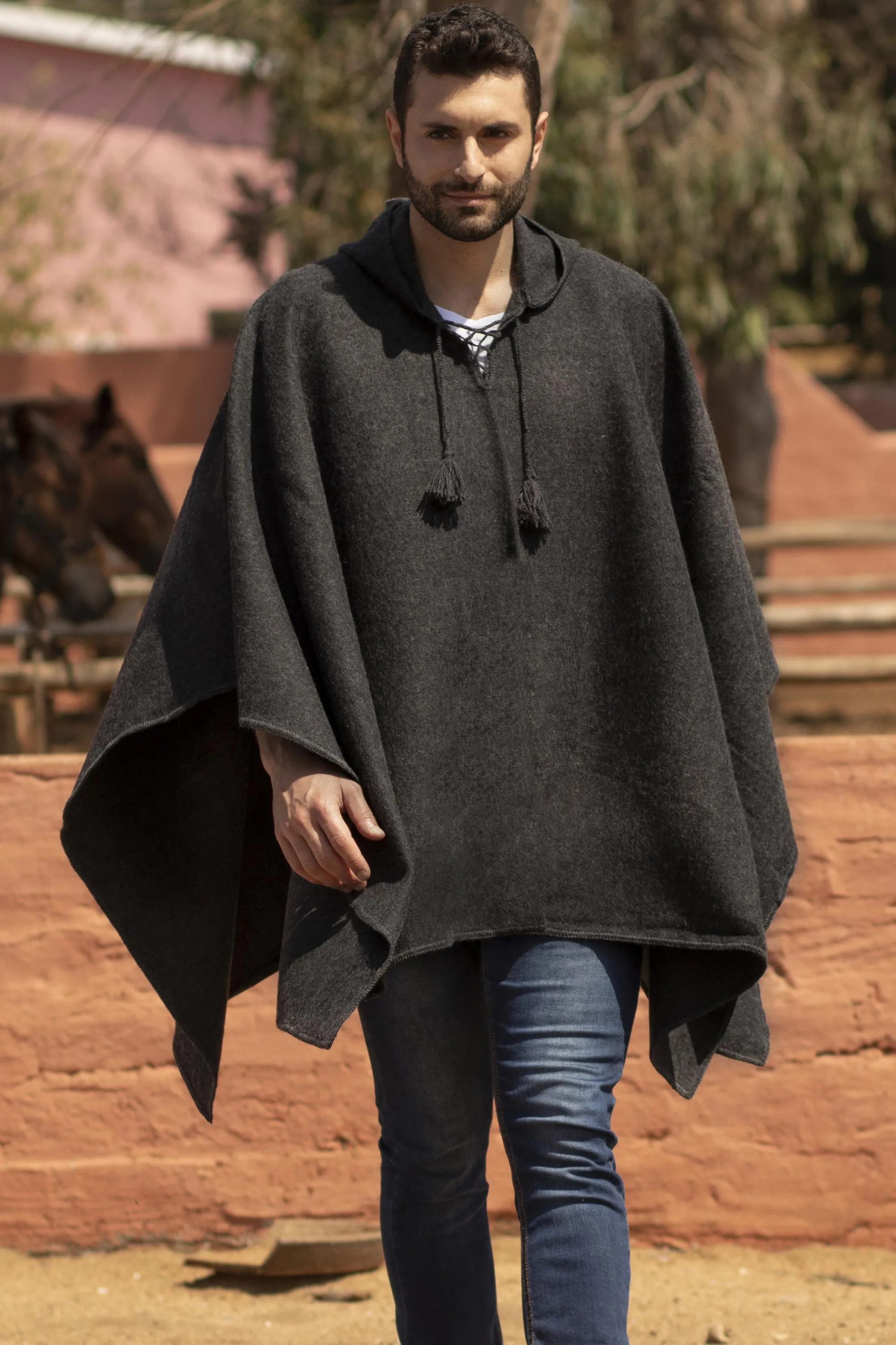 Graphite Grey Alpaca Blend Hooded Poncho for Men - Highlands Grey | NOVICA