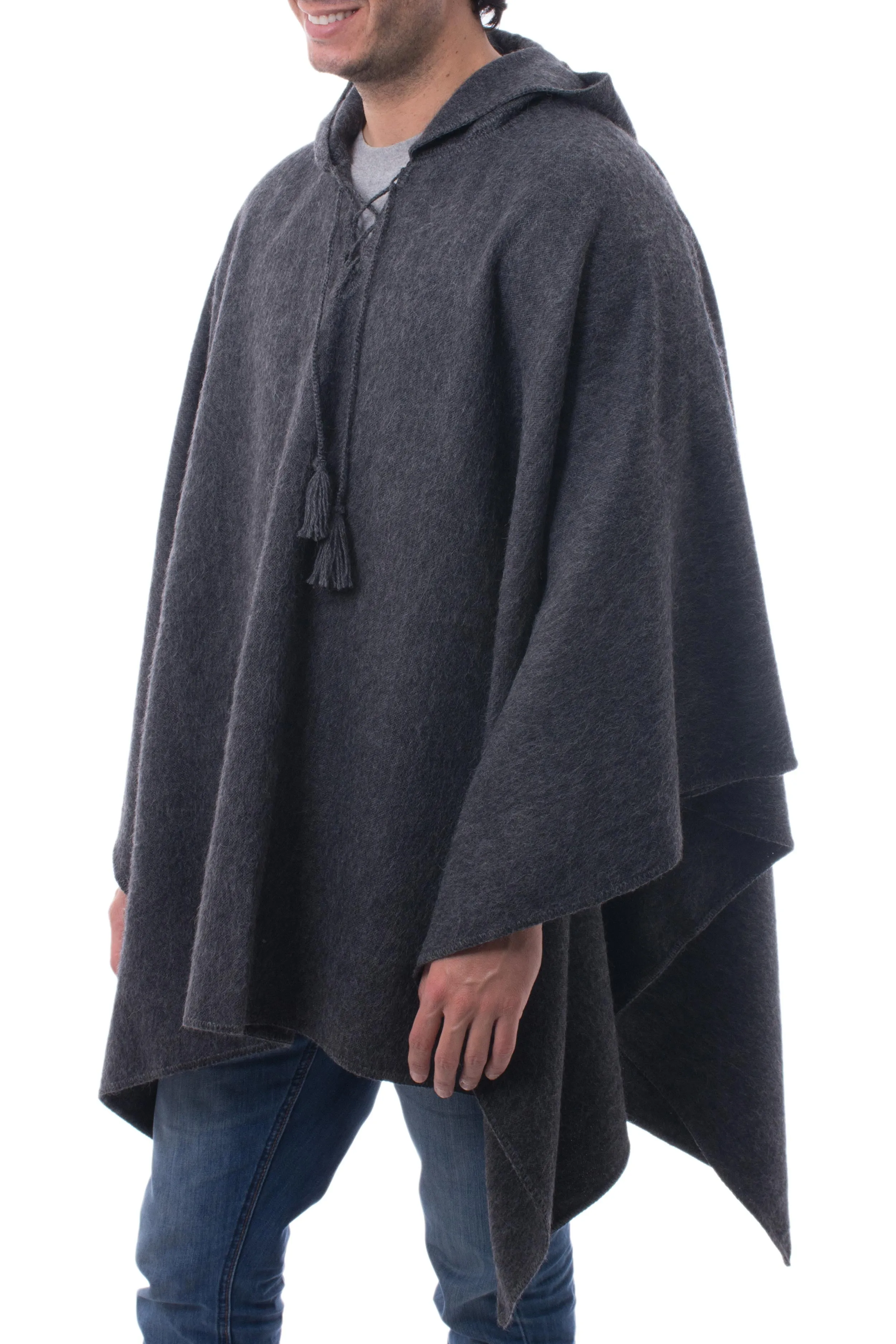 Graphite Grey Alpaca Blend Hooded Poncho for Men - Highlands Grey | NOVICA