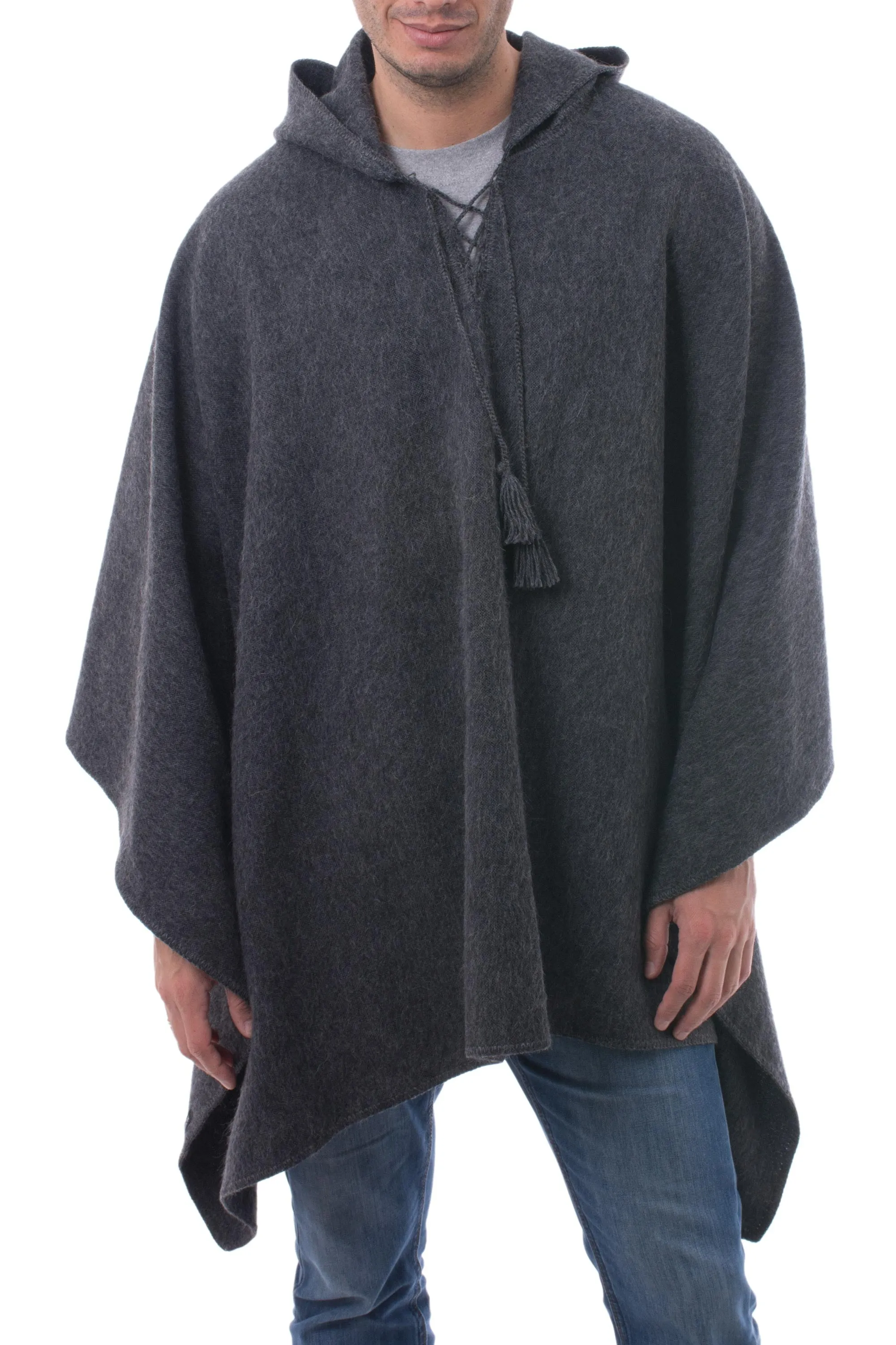 Graphite Grey Alpaca Blend Hooded Poncho for Men - Highlands Grey | NOVICA