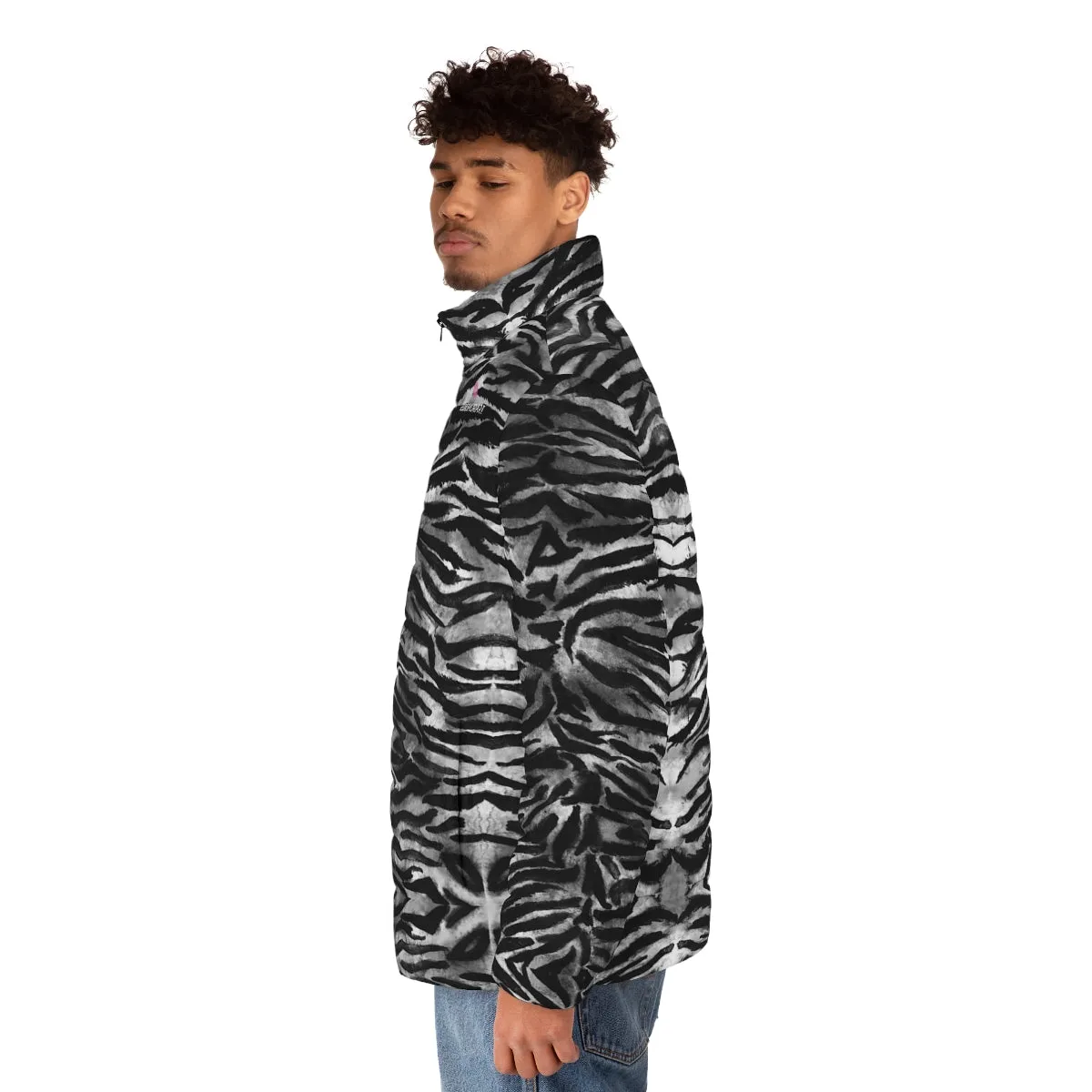 Grey Tiger Striped Men's Jacket, Best Animal Print Winter Regular Fit Polyester Men's Puffer Jacket With Stand Up Collar (US Size: S-2XL)