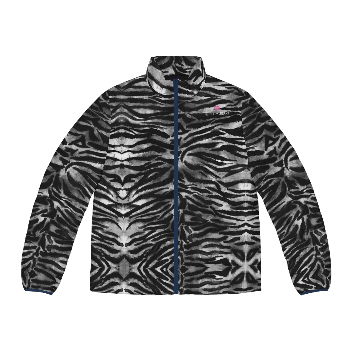 Grey Tiger Striped Men's Jacket, Best Animal Print Winter Regular Fit Polyester Men's Puffer Jacket With Stand Up Collar (US Size: S-2XL)