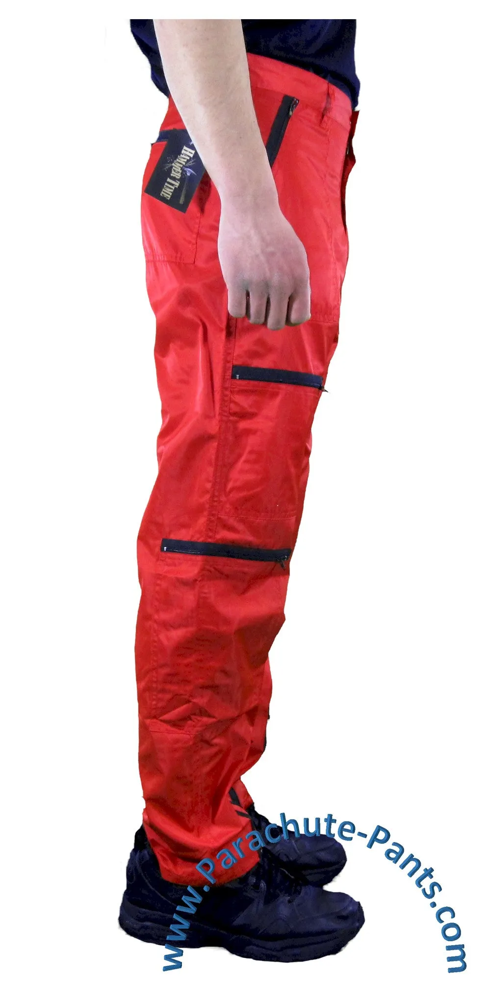 Hammer Time Red Nylon Parachute Pants with Black Zippers