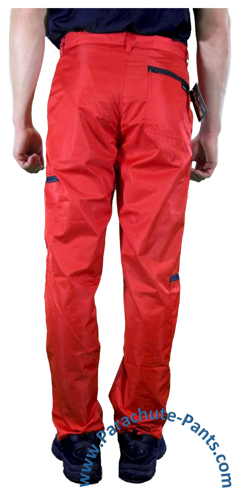 Hammer Time Red Nylon Parachute Pants with Black Zippers