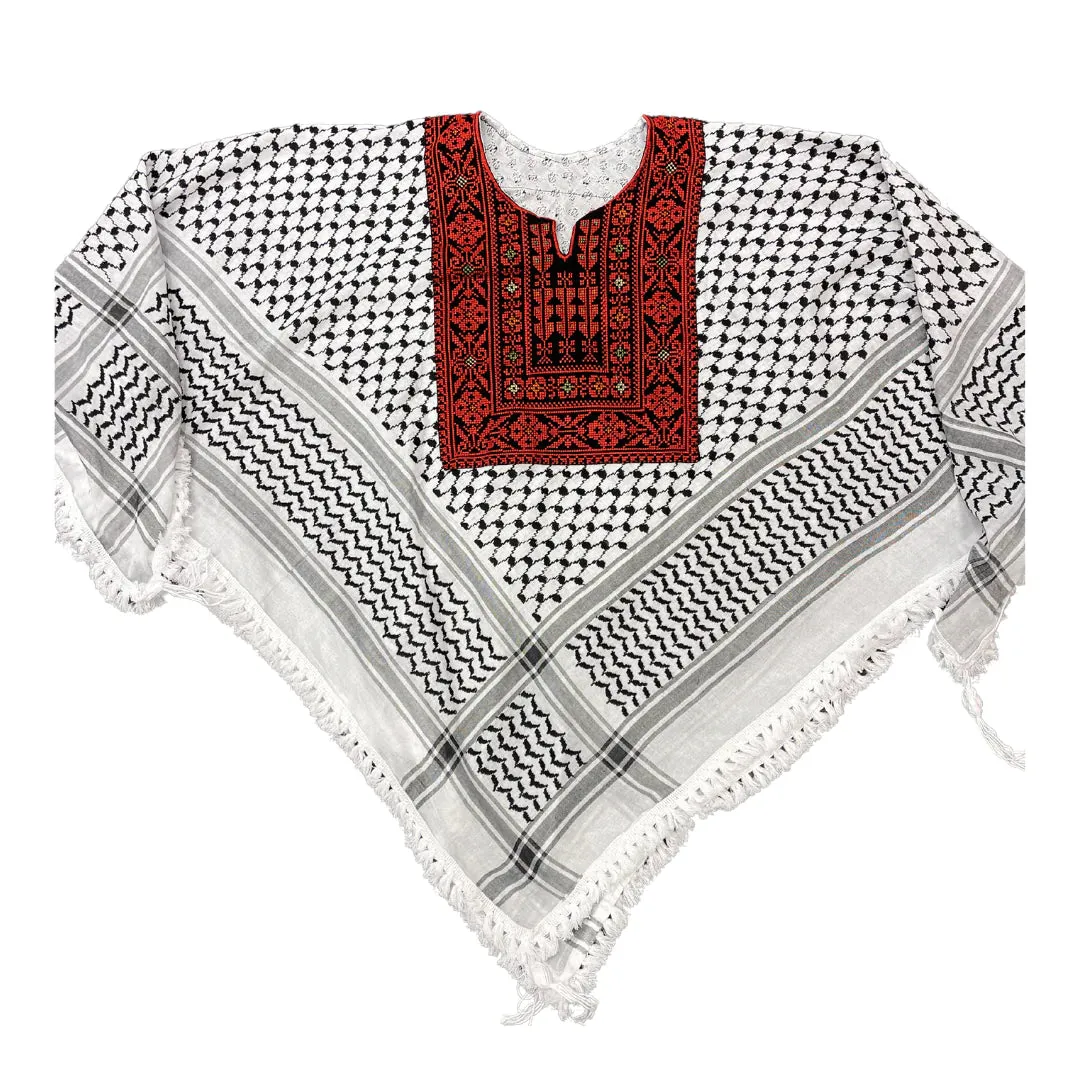 Hand Stitched Black & White Poncho with Keffiyeh design and Embroidery