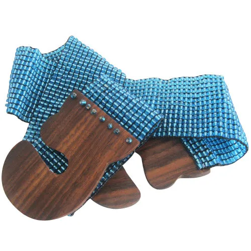 Handmade Sky Blue Bead Belt with Wood Buckle