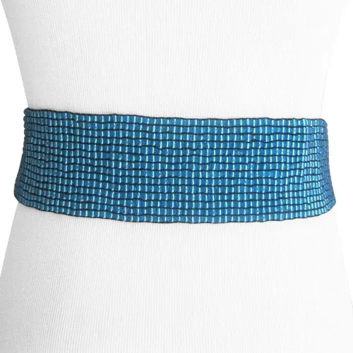 Handmade Sky Blue Bead Belt with Wood Buckle