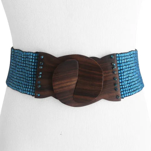 Handmade Sky Blue Bead Belt with Wood Buckle