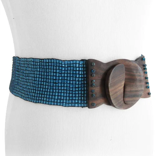 Handmade Sky Blue Bead Belt with Wood Buckle