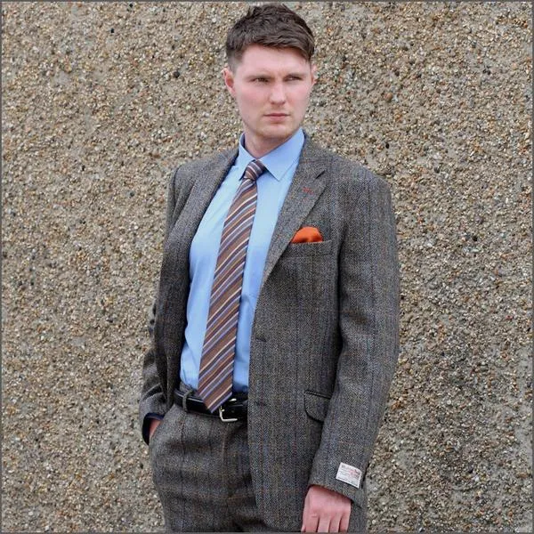 Harris Tweed Brown, Blue, Herringbone 3pc Suit>