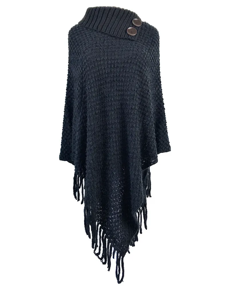 Haute Edition Women's Foldover Button Neck Sweater Knit Poncho. One size fits all (S-XL).