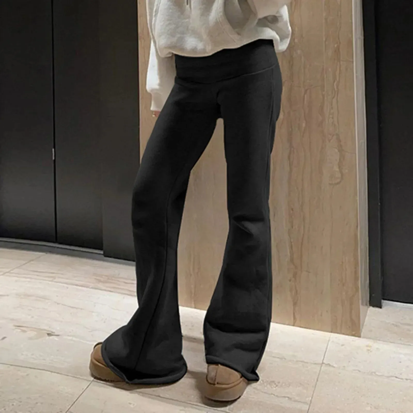 High Comfortable Stretch Solid Flare Streetwear All-match Black Pants