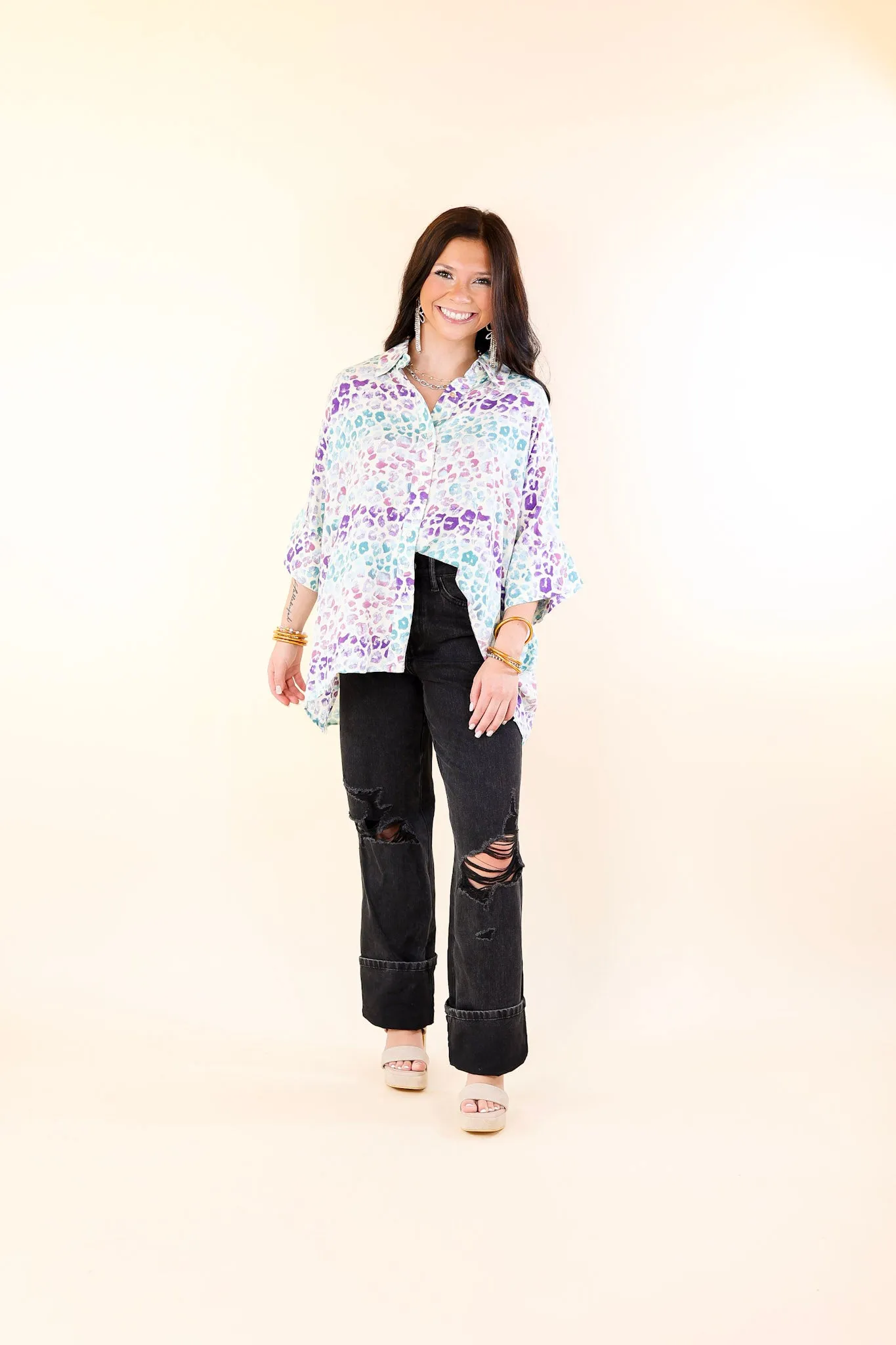 Hotter Than Ever Leopard Print Button Up Top with Short Sleeves in Purple Mix