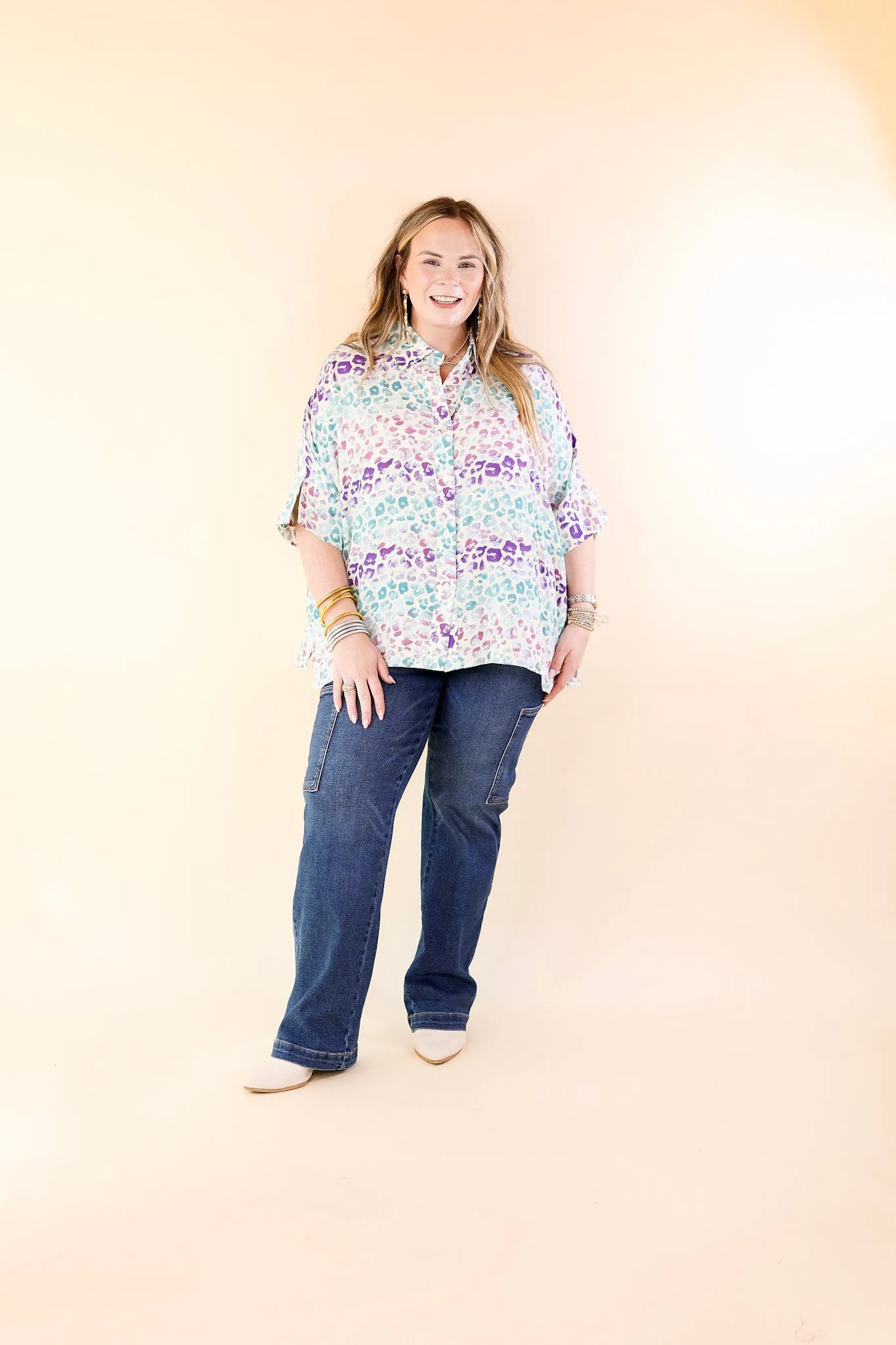 Hotter Than Ever Leopard Print Button Up Top with Short Sleeves in Purple Mix