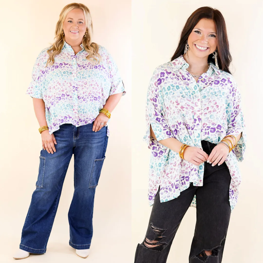 Hotter Than Ever Leopard Print Button Up Top with Short Sleeves in Purple Mix