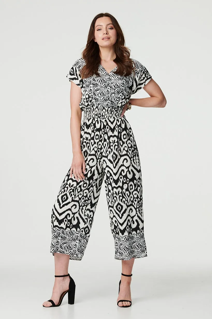 Ikat Print Shirred Waist Jumpsuit