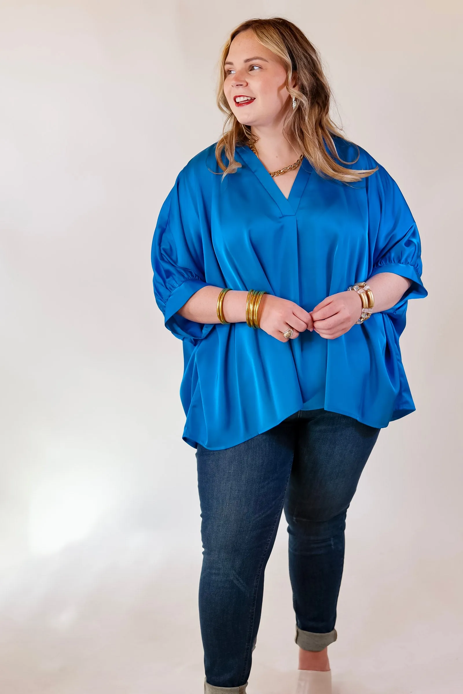 Irresistibly Chic Half Sleeve Oversized Blouse in Blue