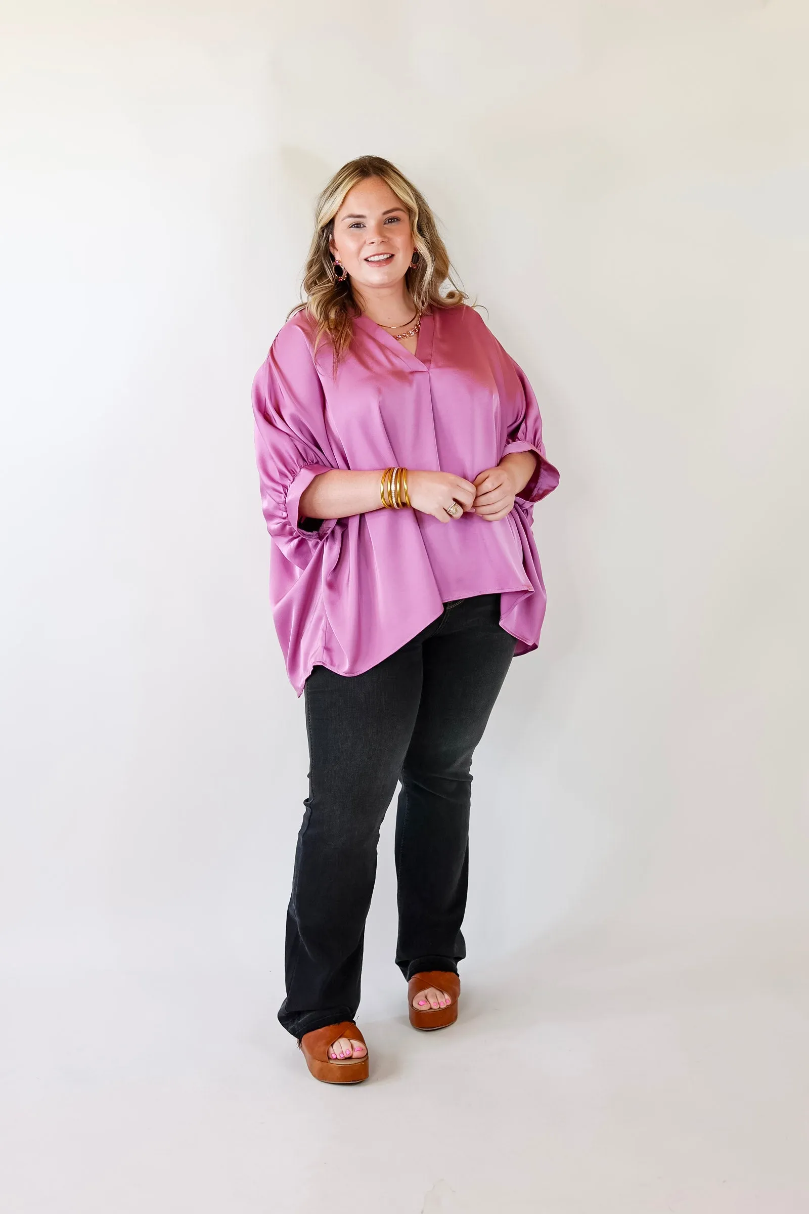 Irresistibly Chic Half Sleeve Oversized Blouse in Mauve Purple